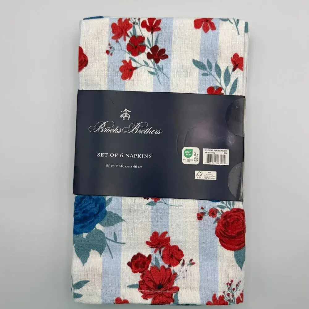 Brooks Brothers Set of 6 Cloth Napkins Floral Stripe Red White Blue 18x18 NWT